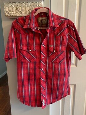 Rafter C Men’s Short Sleeve Pearl Snap Shirt Red Plaid Cowboy Western NEW - S